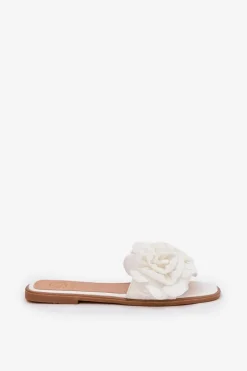 Klapki Damskie Na Płaskim Obcasie Z Ozdobnymi Kwiatami Białe Misorsse