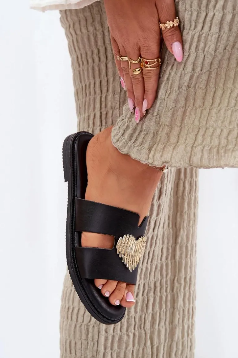 Klapki Damskie Na Płaskim Obcasie Ze Złotą Ozdobą Czarne Karinma