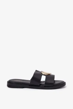 Klapki Damskie Na Płaskim Obcasie Ze Złotą Ozdobą Czarne Karinma