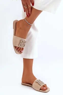 Klapki Damskie Na Płaskim Obcasie Z Ozdobą Beżowe Inaile