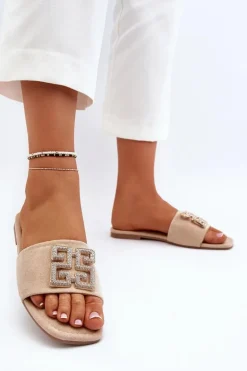 Klapki Damskie Na Płaskim Obcasie Z Ozdobą Beżowe Inaile