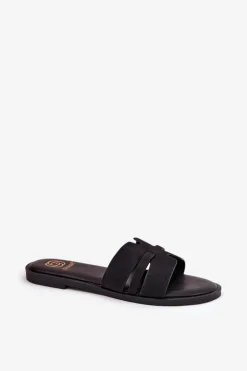 Klapki Damskie Na Płaskim Obcasie Z Wycięciami Eko Zamszowe Czarne Teterre