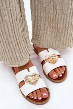 Klapki Damskie Na Płaskim Obcasie Ze Złotą Ozdobą Białe Karinma