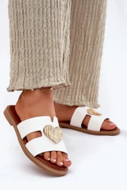 Klapki Damskie Na Płaskim Obcasie Ze Złotą Ozdobą Białe Karinma