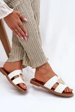 Klapki Damskie Na Płaskim Obcasie Ze Złotą Ozdobą Białe Karinma