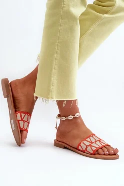 Klapki Damskie Na Płaskim Obcasie Pomarańczowe Traivea