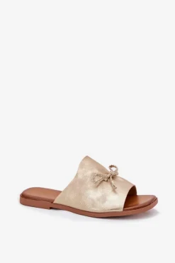 Klapki Damskie Na Płaskim Obcasie Z Ozdobnym Wiązaniem Złote Norela
