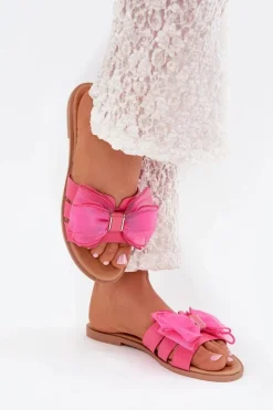 Klapki Damskie Na Płaskim Obcasie Z Tiulową Kokardą Fuksja Tanira