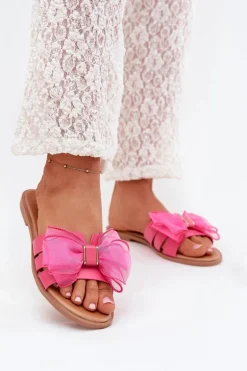 Klapki Damskie Na Płaskim Obcasie Z Tiulową Kokardą Fuksja Tanira