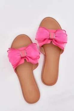 Klapki Damskie Na Płaskim Obcasie Z Tiulową Kokardą Fuksja Tanira