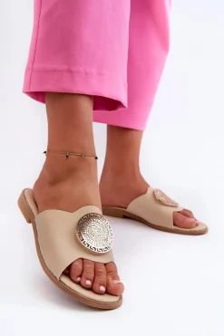 Klapki Damskie Na Płaskim Obcasie Z Ozdobą Beżowe Rivashea