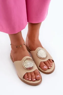 Klapki Damskie Na Płaskim Obcasie Z Ozdobą Beżowe Rivashea