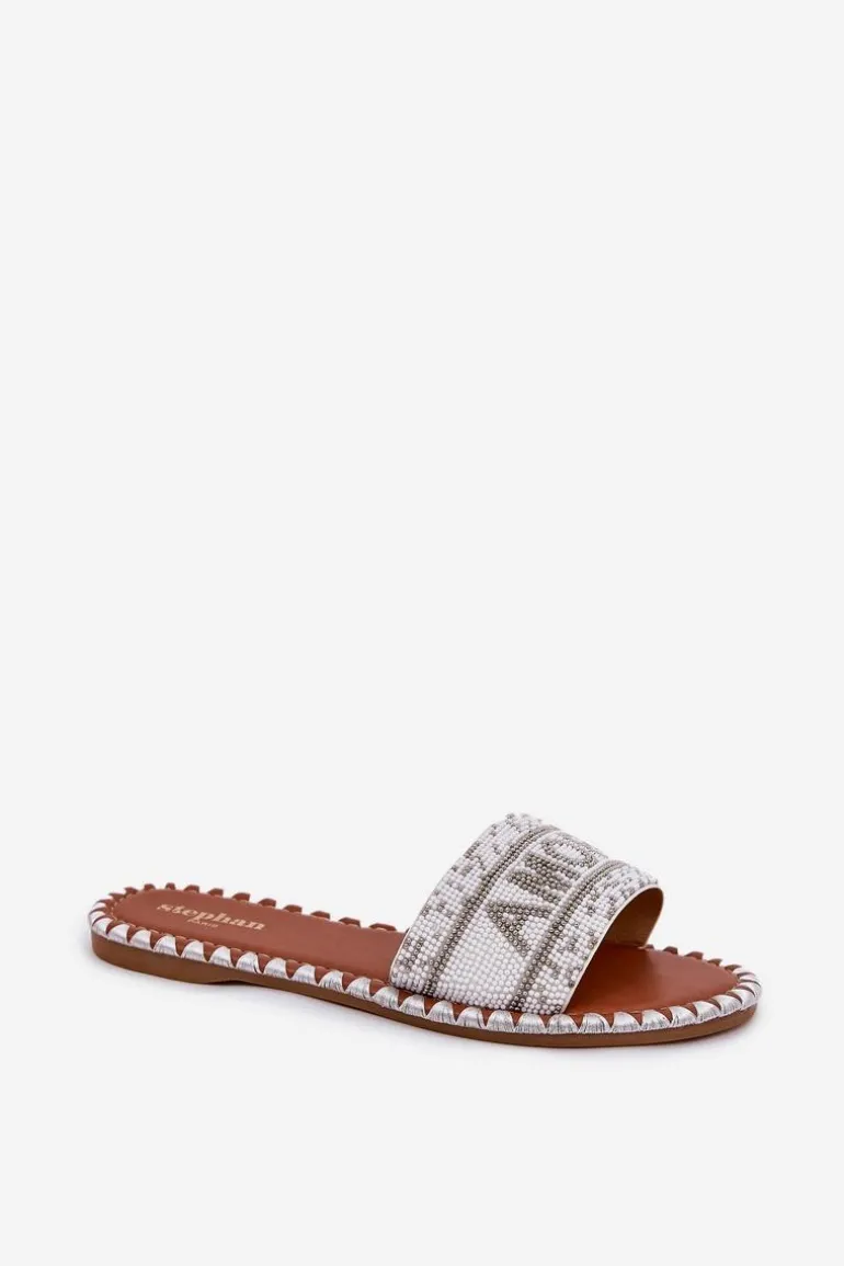 Klapki Damskie Na Płaskim Obcasie Ze Zdobieniem Białe Dorfedi