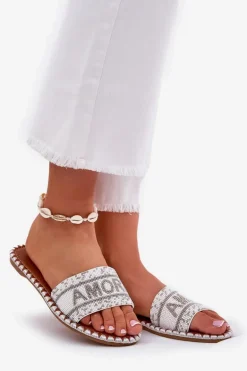 Klapki Damskie Na Płaskim Obcasie Ze Zdobieniem Białe Dorfedi