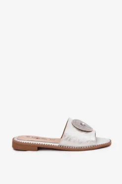 Klapki Damskie Na Płaskim Obcasie Z Ozdobą S.Barski KV51-013 Srebrne