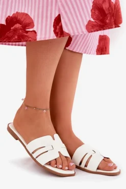 Klapki Damskie Na Płaskim Obcasie Z Wycięciami Eko Skórzane Białe Ecapus