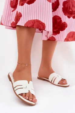 Klapki Damskie Na Płaskim Obcasie Z Wycięciami Eko Skórzane Białe Ecapus