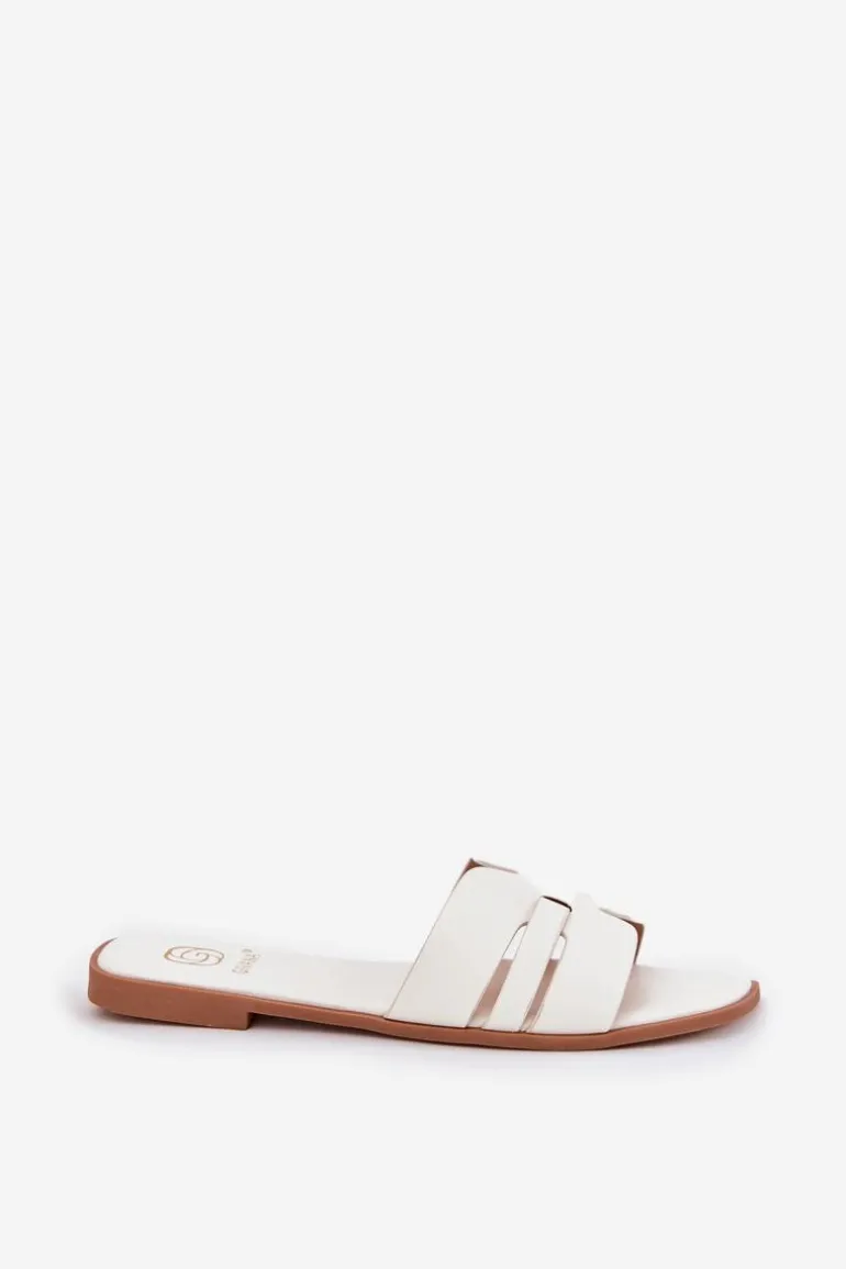 Klapki Damskie Na Płaskim Obcasie Z Wycięciami Eko Skórzane Białe Ecapus