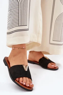 Klapki Damskie Na Płaskim Obcasie Z Ozdobnymi Detalami Czarne Saliena