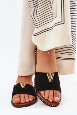 Klapki Damskie Na Płaskim Obcasie Z Ozdobnymi Detalami Czarne Saliena