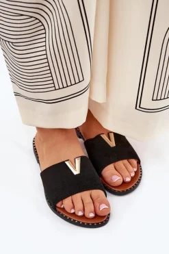 Klapki Damskie Na Płaskim Obcasie Z Ozdobnymi Detalami Czarne Saliena