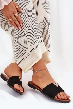 Klapki Damskie Na Płaskim Obcasie Z Ozdobnymi Detalami Czarne Saliena