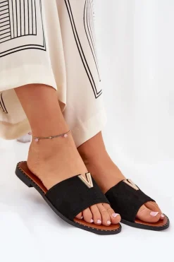 Klapki Damskie Na Płaskim Obcasie Z Ozdobnymi Detalami Czarne Saliena