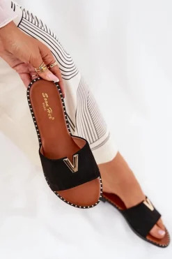 Klapki Damskie Na Płaskim Obcasie Z Ozdobnymi Detalami Czarne Saliena