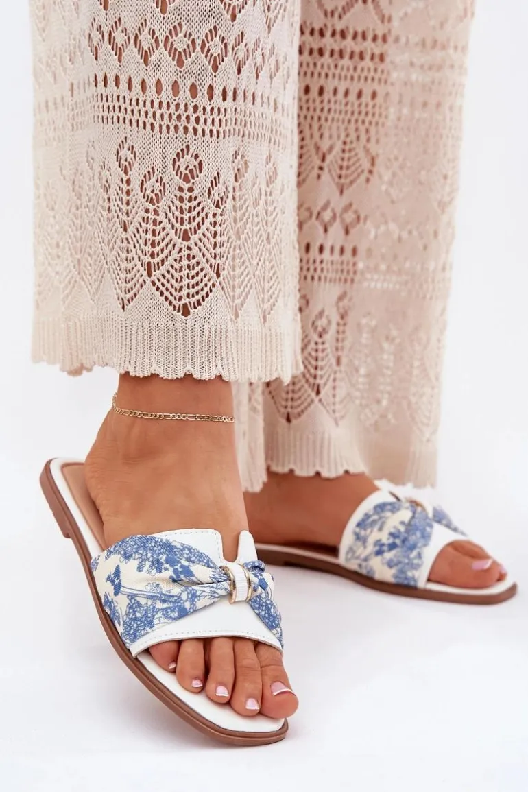 Klapki Damskie Na Płaskim Obcasie Z Kokardą Białe Avenza