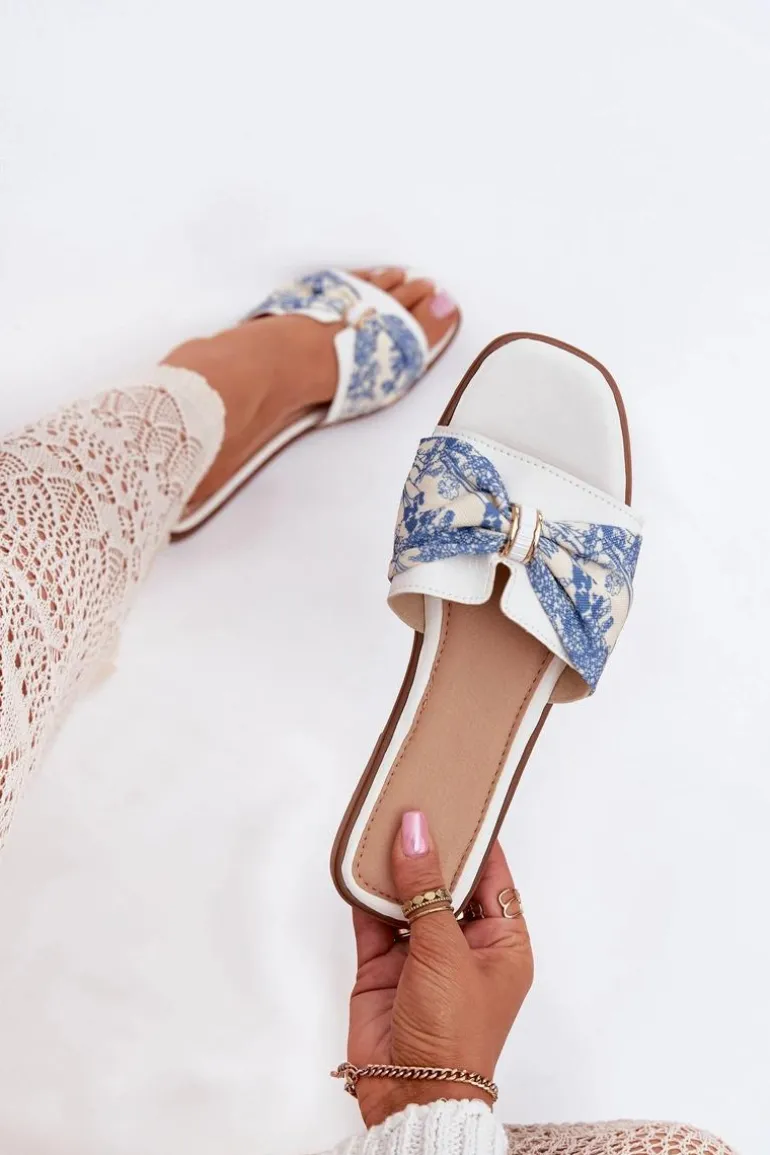 Klapki Damskie Na Płaskim Obcasie Z Kokardą Białe Avenza