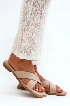 Klapki Damskie Na Płaskim Obcasie Z Eko Skóry S.Barski KV27-002 Beżowe