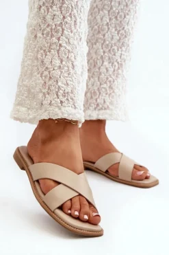 Klapki Damskie Na Płaskim Obcasie Z Eko Skóry S.Barski KV27-002 Beżowe