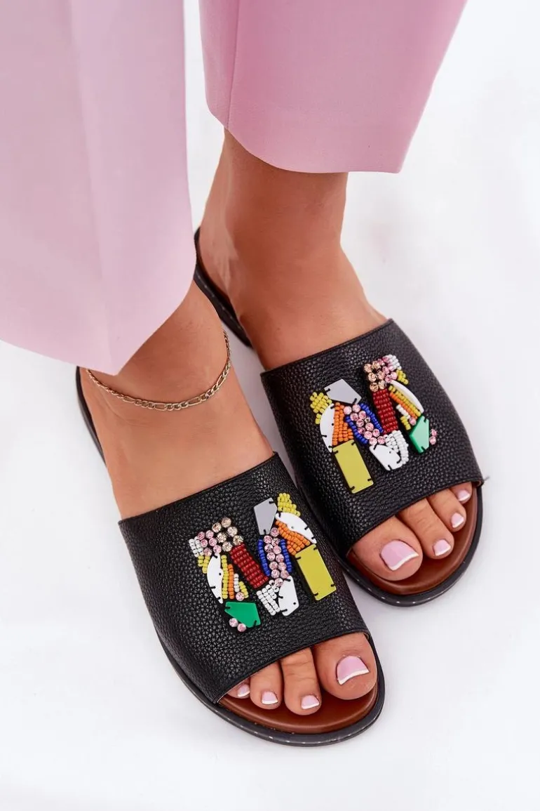 Klapki Damskie Na Płaskim Obcasie Z Ozdobą Czarne Clelione