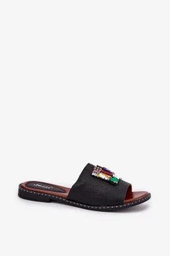 Klapki Damskie Na Płaskim Obcasie Z Ozdobą Czarne Clelione