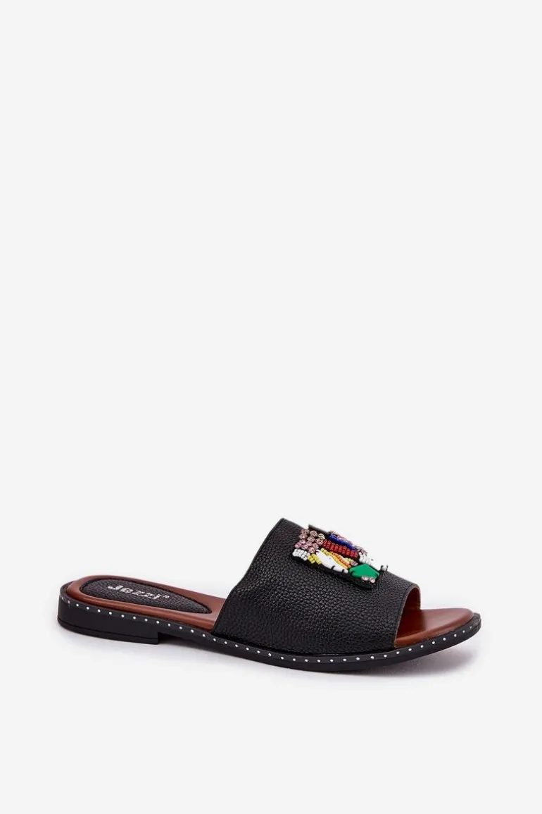 Klapki Damskie Na Płaskim Obcasie Z Ozdobą Czarne Clelione