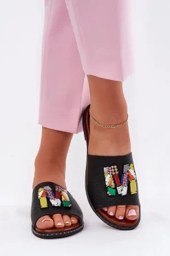 Klapki Damskie Na Płaskim Obcasie Z Ozdobą Czarne Clelione