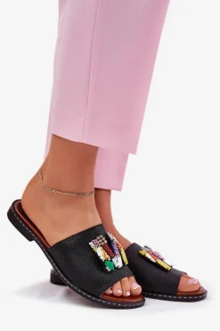 Klapki Damskie Na Płaskim Obcasie Z Ozdobą Czarne Clelione