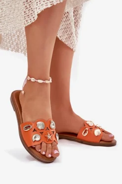 Klapki Damskie Na Płaskim Obcasie Ze Złotymi Przypinkami Pomarańczowe Nalothiel