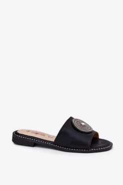 Klapki Damskie Na Płaskim Obcasie Z Ozdobą S.Barski KV51-013 Czarne