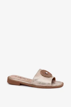 Klapki Damskie Na Płaskim Obcasie Z Ozdobą S.Barski KV51-013 Złote