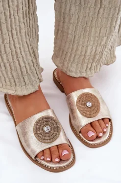 Klapki Damskie Na Płaskim Obcasie Z Ozdobą S.Barski KV51-013 Złote