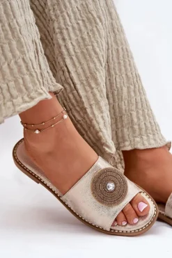 Klapki Damskie Na Płaskim Obcasie Z Ozdobą S.Barski KV51-013 Złote