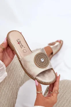 Klapki Damskie Na Płaskim Obcasie Z Ozdobą S.Barski KV51-013 Złote