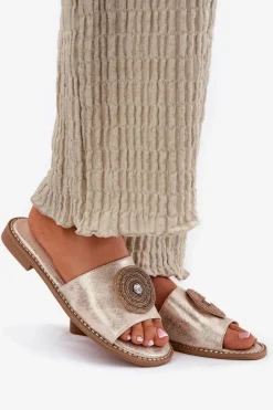 Klapki Damskie Na Płaskim Obcasie Z Ozdobą S.Barski KV51-013 Złote