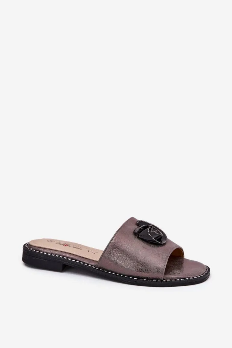 Klapki Damskie Na Płaskim Obcasie Z Ozdobnym Detalem KV51-007 Grafitowe