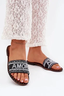 Klapki Damskie Na Płaskim Obcasie Ze Zdobieniem Amore Czarne Avelina