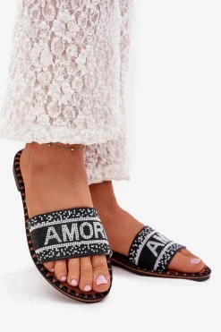 Klapki Damskie Na Płaskim Obcasie Ze Zdobieniem Amore Czarne Avelina