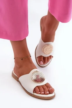 Klapki Damskie Na Płaskim Obcasie Z Ozdobą Białe Rivashea