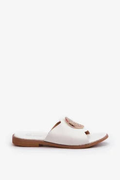 Klapki Damskie Na Płaskim Obcasie Z Ozdobą Białe Rivashea