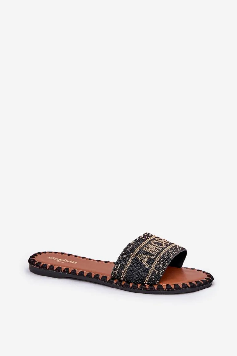 Klapki Damskie Na Płaskim Obcasie Ze Zdobieniem Czarne Dorfedi